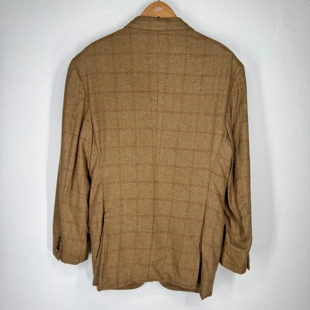Hugo Boss Mens 42R Tan Windowpane Wool‎ Camel Hair Blazer 3 Button LuxuryItaly